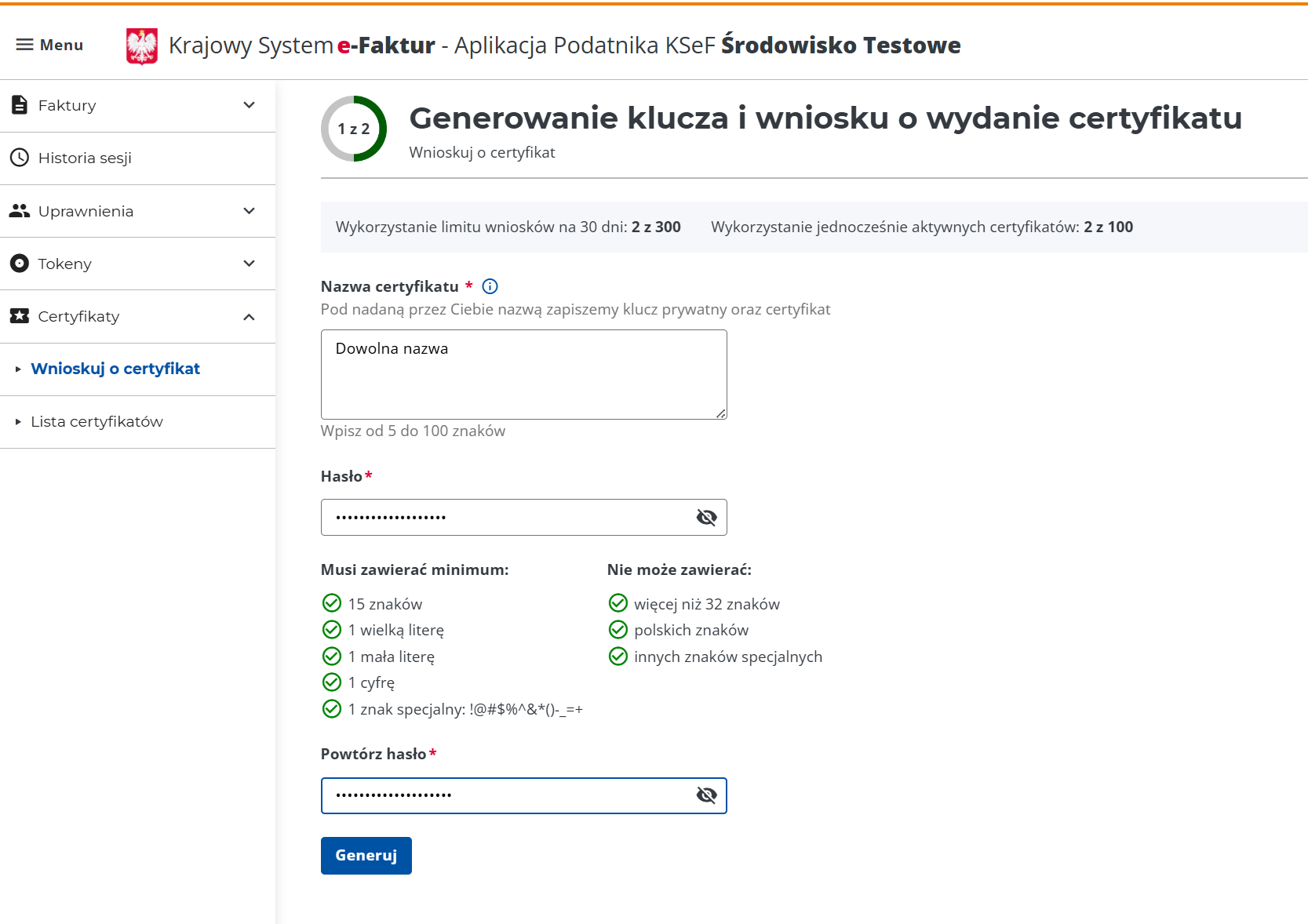 Generowanie certyfikatu KSeF